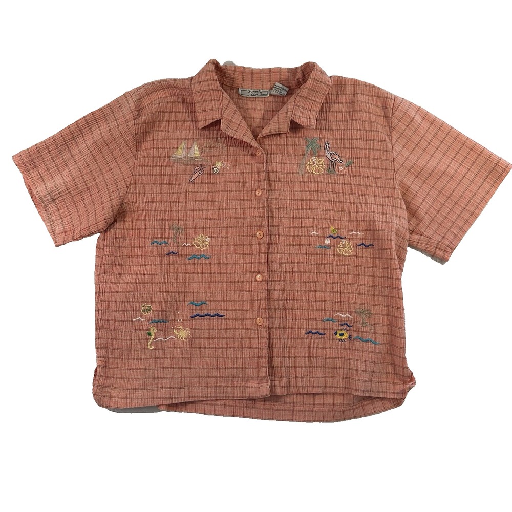 Kenneth Too Women's 1X Pink Plaid Flamingo Embroidered‎ Short Sleeve Button Up